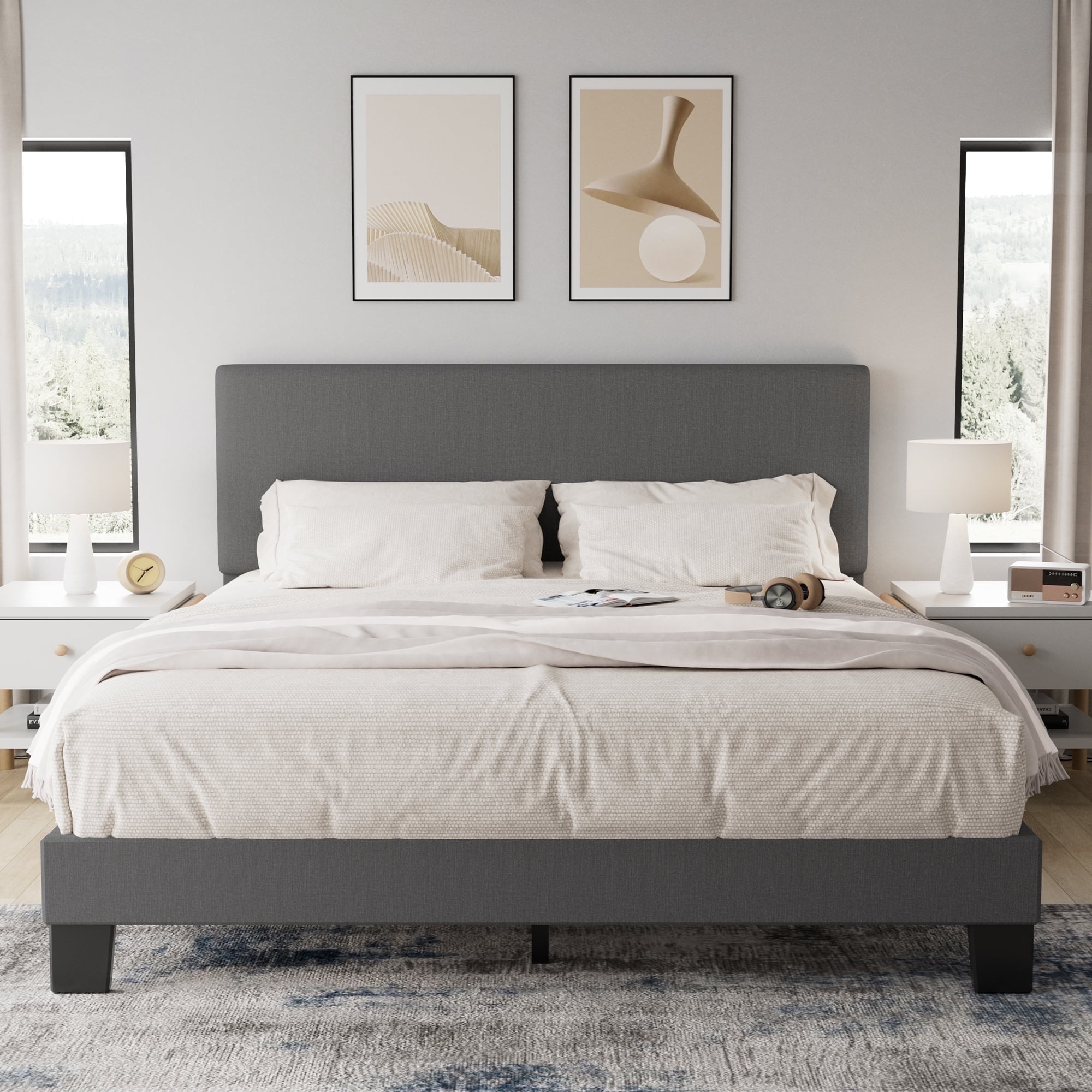 Lifezone Full Size Light Gray Bed Frame with Adjustable Headboard, Fabric Upholstered Platform Bed Frame