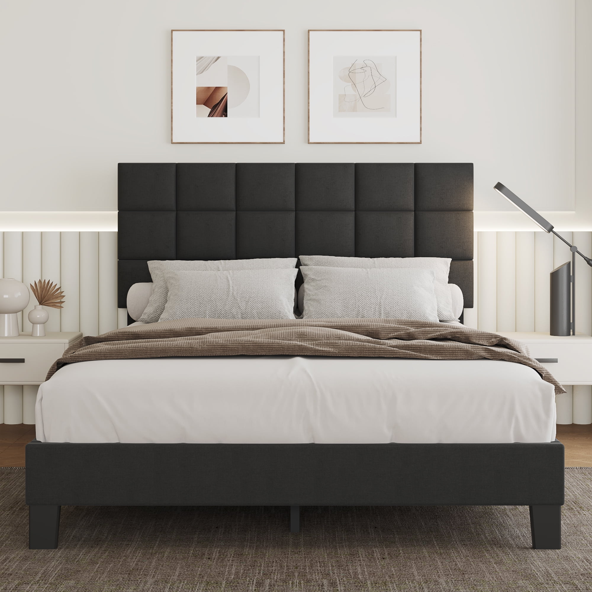 Lifezone Full Size Platform Bed Frame with Adjustable Headboard, Fabric Upholstered Platform Bed Frame, Dark Gray