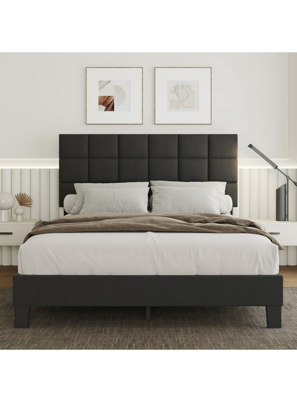 Lifezone Full Size Platform Bed Frame with Adjustable Headboard, Fabric Upholstered Platform Bed Frame, Dark Gray