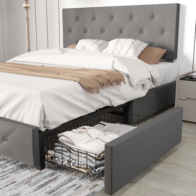 Lifezone Full Size Storage Bed Frame Upholstered Bed with 4 Drawers