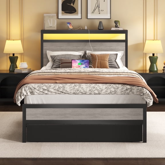 Twin Bed Frame with Storage Headboard & Drawer, Charging Station & LED Light, No Box Spring Needed, Noise Free, Easy Assembly, Rustic Grey