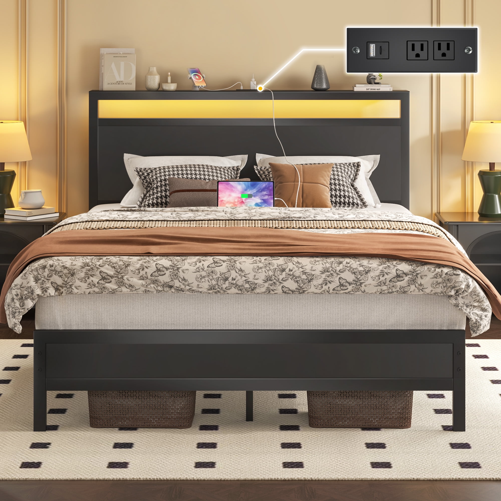 Full Bed Frame with Storage Headboard & Storage Drawer, Charging Station & LED Light, No Box Spring Needed, Noise Free, Easy Assembly, Classic Black
