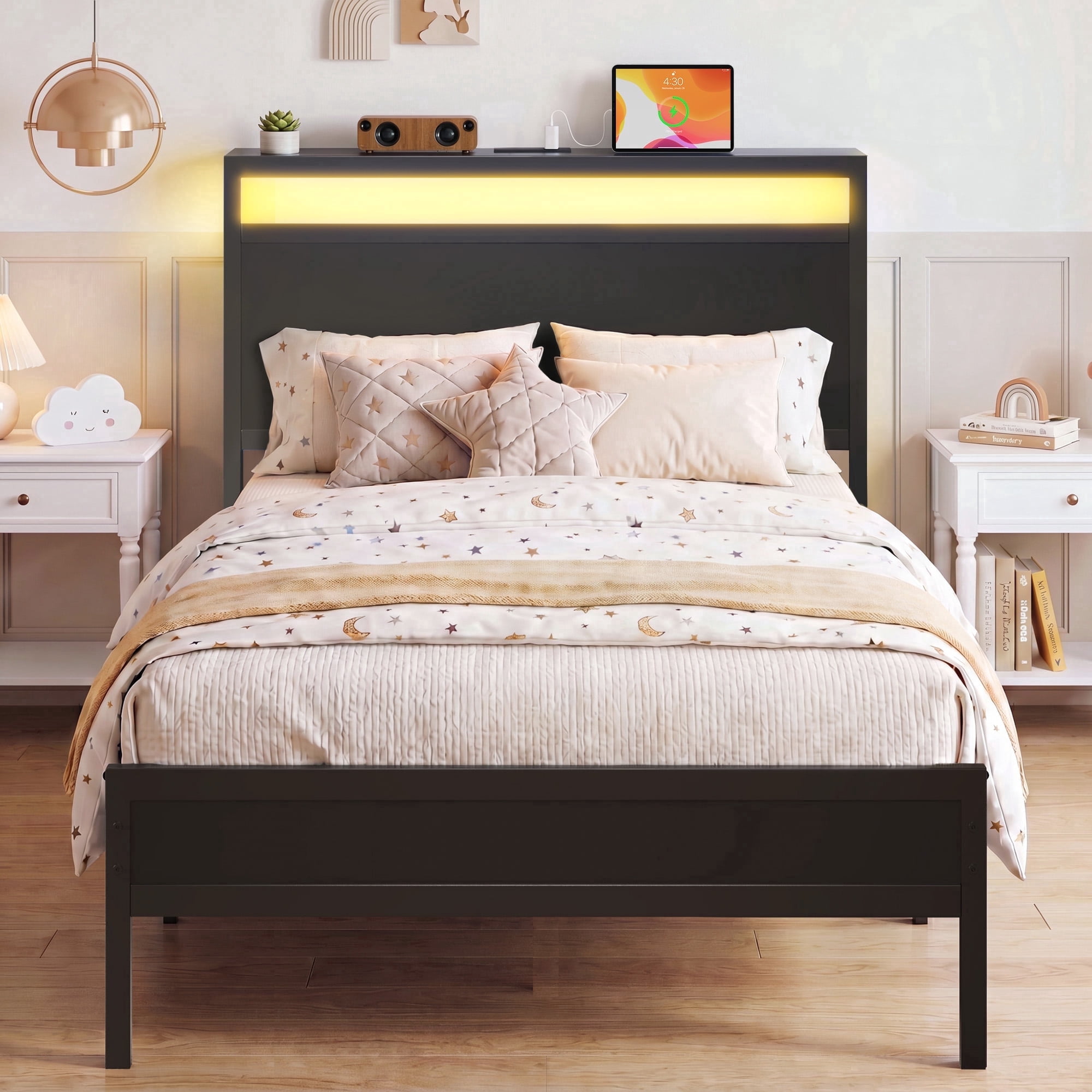 Twin Bed Frame with Headboard & Footboard, Charging Station & LED Light, Under-Bed-Storage, No Box Spring Needed, Noise Free, Easy Assembly, Black