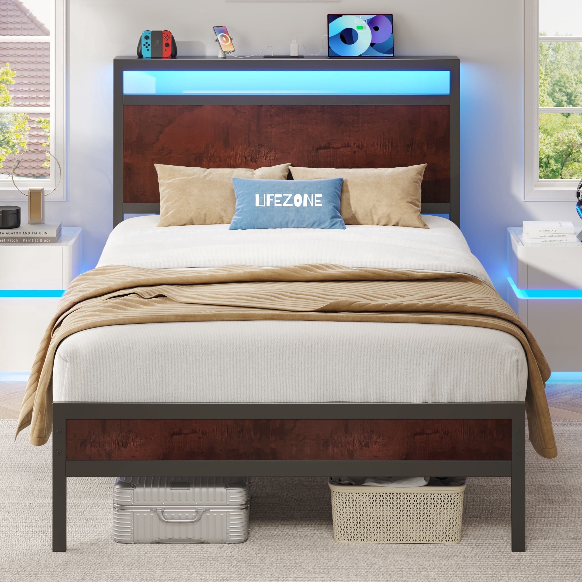 Lifezone Iron Wood Bed Frame, USB Port, LED Headboard, Noise-Free, Twin, Brown