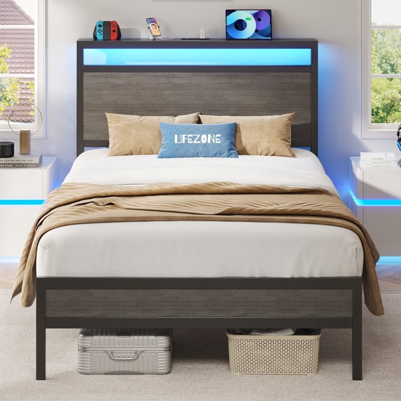 Twin Bed Frame with Headboard & Footboard, Charging Station & LED Light, Under-Bed-Storage, No Box Spring Needed, Noise Free, Easy Assembly, Rustic Gray