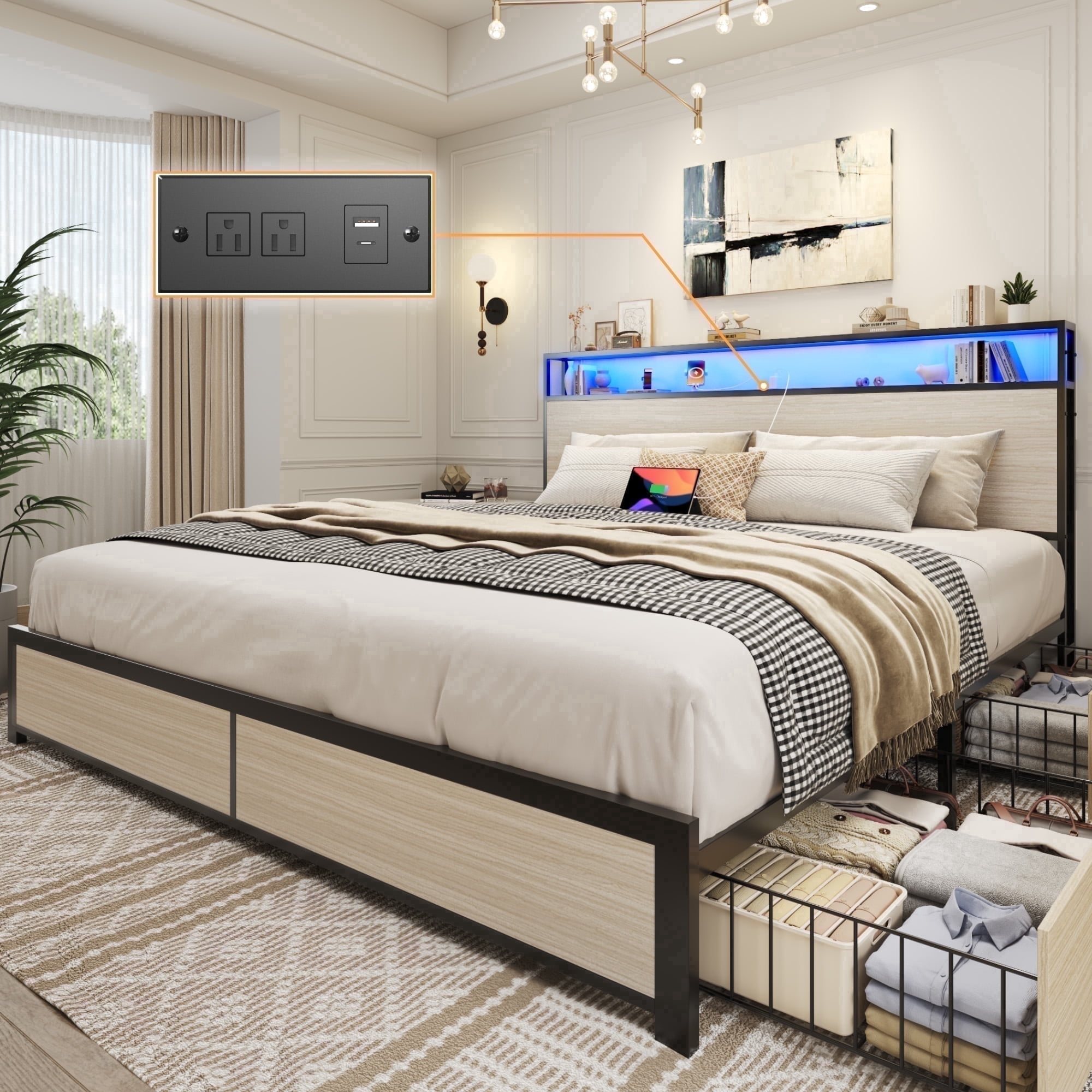 Lifezone King Size Bed Frame with 2-Tier Bookcase Headboard Platform Bed with Charging Station & LED, 4 Storage Drawers, Metal Support, No Box Spring Needed, Noise Free, Beige