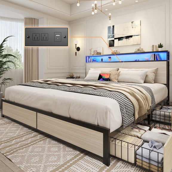 Lifezone King Size Bed Frame with 2-Tier Bookcase Headboard Platform Bed with Charging Station & LED, 4 Storage Drawers, Metal Support, No Box Spring Needed, Noise Free, Beige