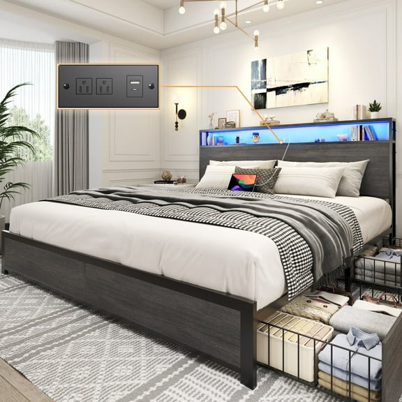 Lifezone King Size Bed Frame with 2-Tier Bookcase Headboard Platform Bed with Charging Station & LED, 4 Storage Drawers, Metal Support, No Box Spring Needed, Noise Free, Grey