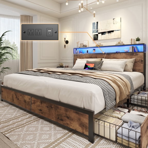Lifezone King Size Bed Frame with 2-Tier Bookcase Headboard Platform Bed with Charging Station & LED, 4 Storage Drawers, Metal Support, No Box Spring Needed, Noise Free, Brown