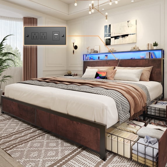 Lifezone King Size Bed Frame with 2-Tier Bookcase Headboard Platform Bed with Charging Station & LED, 4 Storage Drawers, Metal Support, No Box Spring Needed, Noise Free, Brown