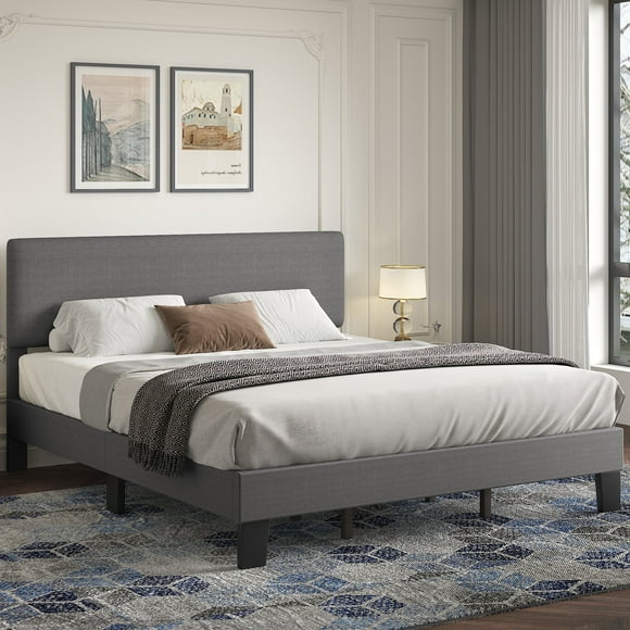 Lifezone King Size Light Gray Bed Frame with Adjustable Headboard, Fabric Upholstered Platform Bed Frame