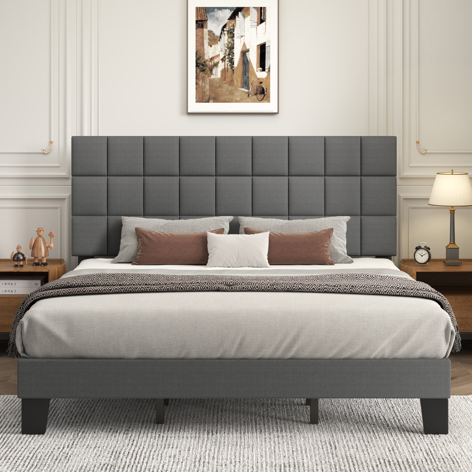 Lifezone King Size Upholstered Bed Frame with Adjustable Headboard