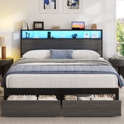 Lifezone Queen Bed Frame with 2-Tier Storage Headboard, Metal Bed Frame with Storage Drawers, Built-in Charging Station & LED Lights, Noise-Free, No Box Spring 