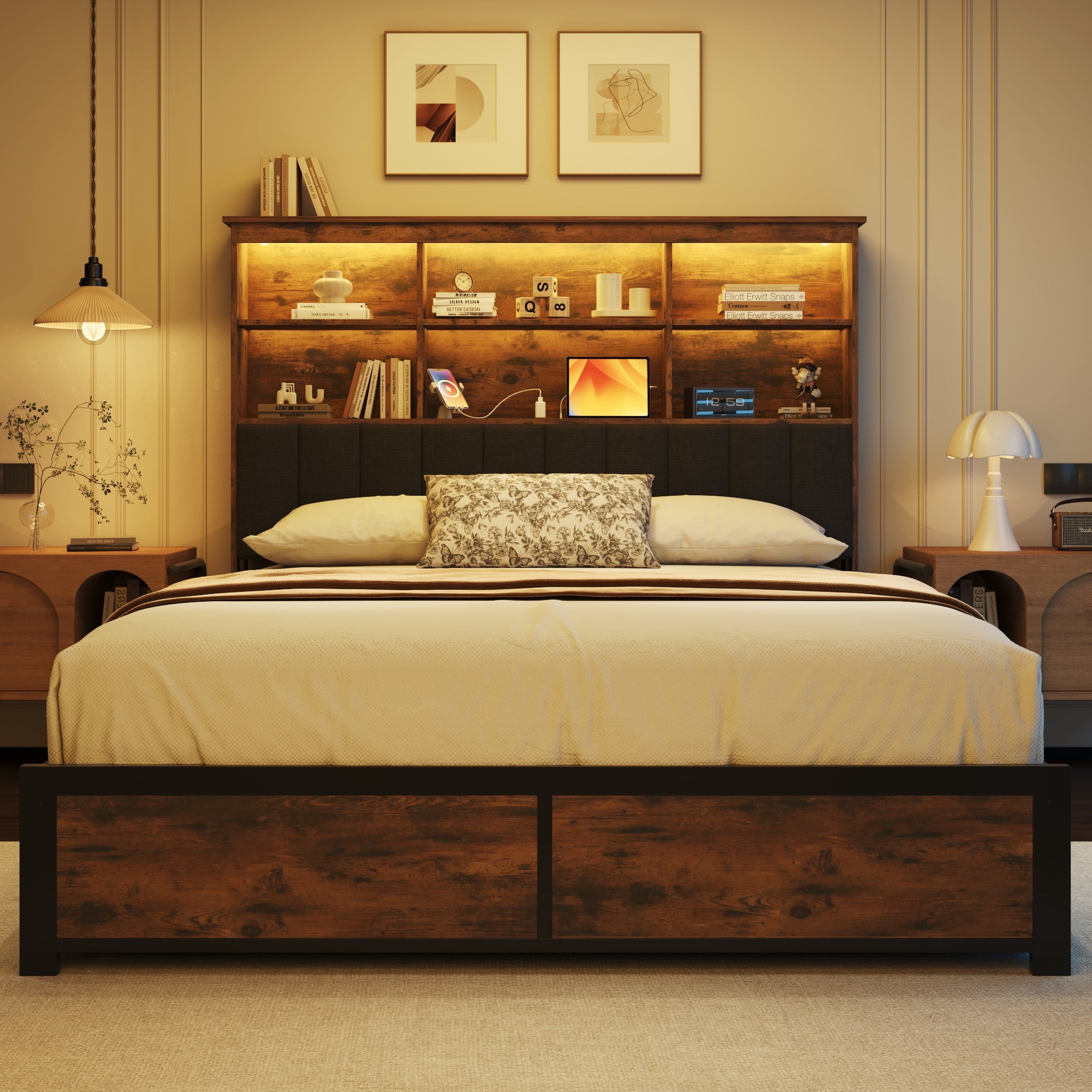 Lifezone Bookcase Beds Queen Bed Frame with Wooden Platform, Rustic Brown