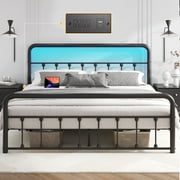 Lifezone Queen Bed Frame, Classic Metal Platform Bed Frame, with Charging Station and LED, No Need for Springs, Black