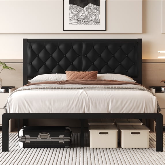Lifezone Bed Frame with Upholstered Headboard, Queen, Metal Support, No Box Spring Needed, Black