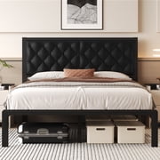 Lifezone Bed Frame with Upholstered Headboard, Queen, Metal Support, No Box Spring Needed, Black