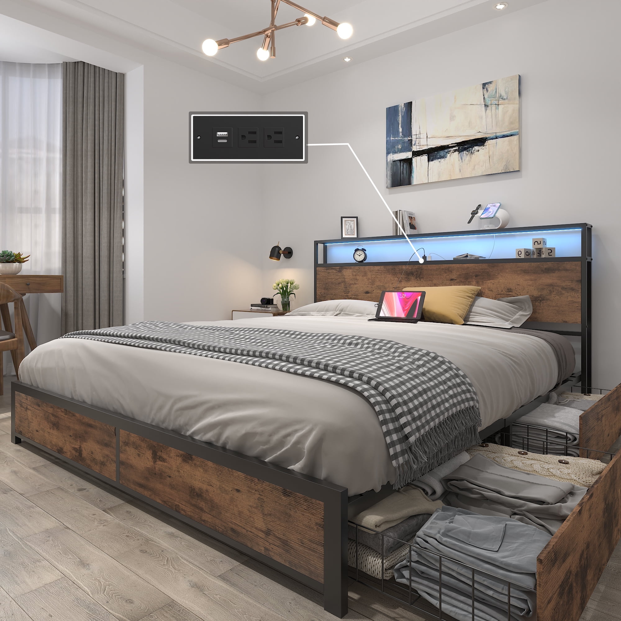 Lifezone Queen Bed Frame with Headboard Platform Bed with Charging Station & LED, 4 Storage Drawers, Metal Support, Vintage Brown - Walmart.com