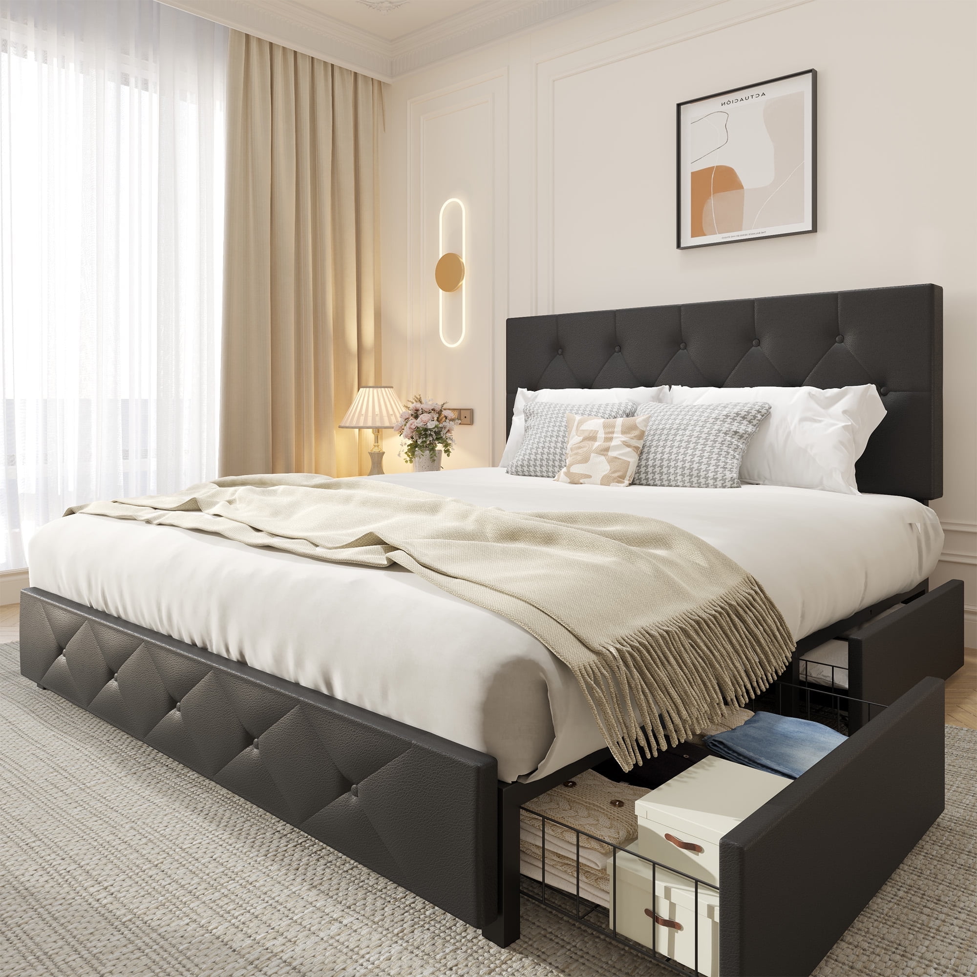 Lifezone Queen Size Bed Frame with Upholstered Platform, 4