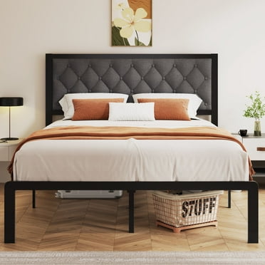 Lifezone Queen Bed Frame with Linen Upholstered Headboard, Metal Support, No Box Spring Needed, Grey