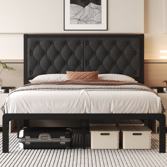 Lifezone Bed Frame with Linen Upholstered Headboard, Queen, Metal Support, No Box Spring Needed, Grey
