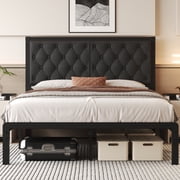 Lifezone Bed Frame with Linen Upholstered Headboard, Queen, Metal Support, No Box Spring Needed, Grey