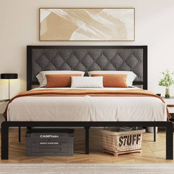 Lifezone Bed Frame with Linen Upholstered Headboard, Queen, Metal Support, No Box Spring Needed, Grey