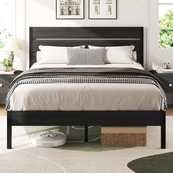 Lifezone Queen Bed Frame with Rustic Vintage Wood Headboard and Footboard,Metal Support,Grey