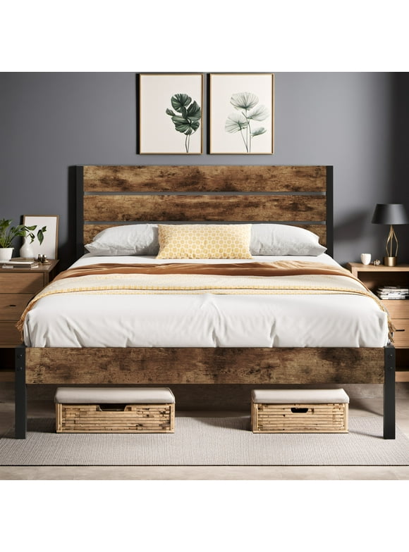 Lifezone Queen Bed Frame with Rustic Vintage Wood Headboard and Footboard,Metal Support,Rustic Brown