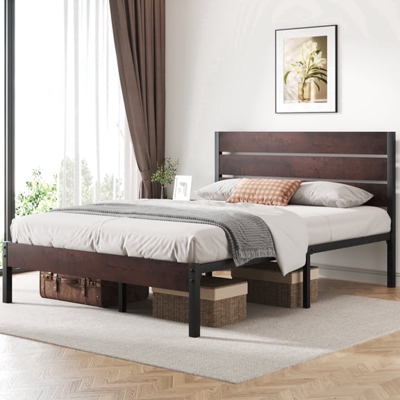 Fluest Queen Bed Frame with Rustic Vintage Wood Headboard and Footboard,Metal Support, VintageBrown