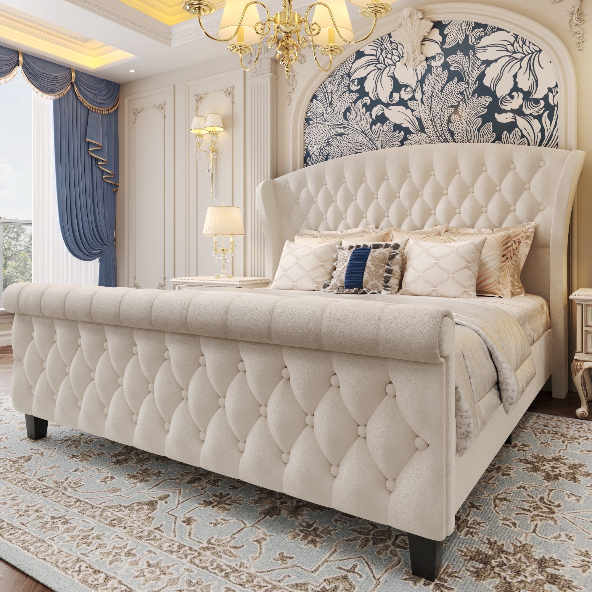 Lifezone Queen Bed Frame with Scroll Wingback Headboard, 52.5" Tall Velvet Upholstered Sleigh Bed Frame, Easily Assemble No Box Spring Needed, White