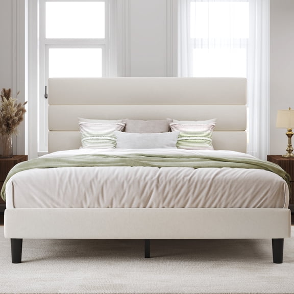 Lifezone Queen Bed Frame with Velvet Upholstered Headboard, Metal Support, No Box Spring Needed, Noise Free, Easy Assembly, Beige