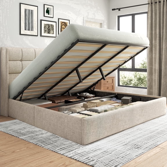 Lifezone King Linen Upholstered Storage Bed Frame with Button Tufted Wingback Headboard, Hydraulic Lift-Up Under-Bed Storage, Beige