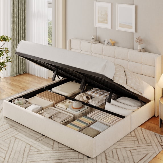 Lifezone King Linen Upholstered Storage Bed Frame with Button Tufted Wingback Headboard, Hydraulic Lift-Up Under-Bed Storage, Beige
