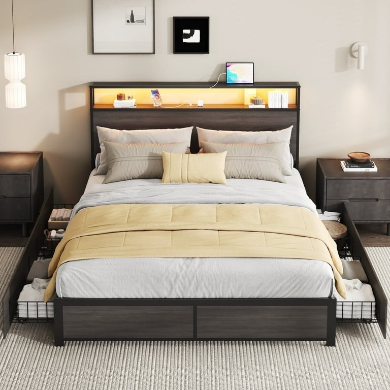 LIFEZONE Queen Bed Frame, Headboard with LED Lights, Charging