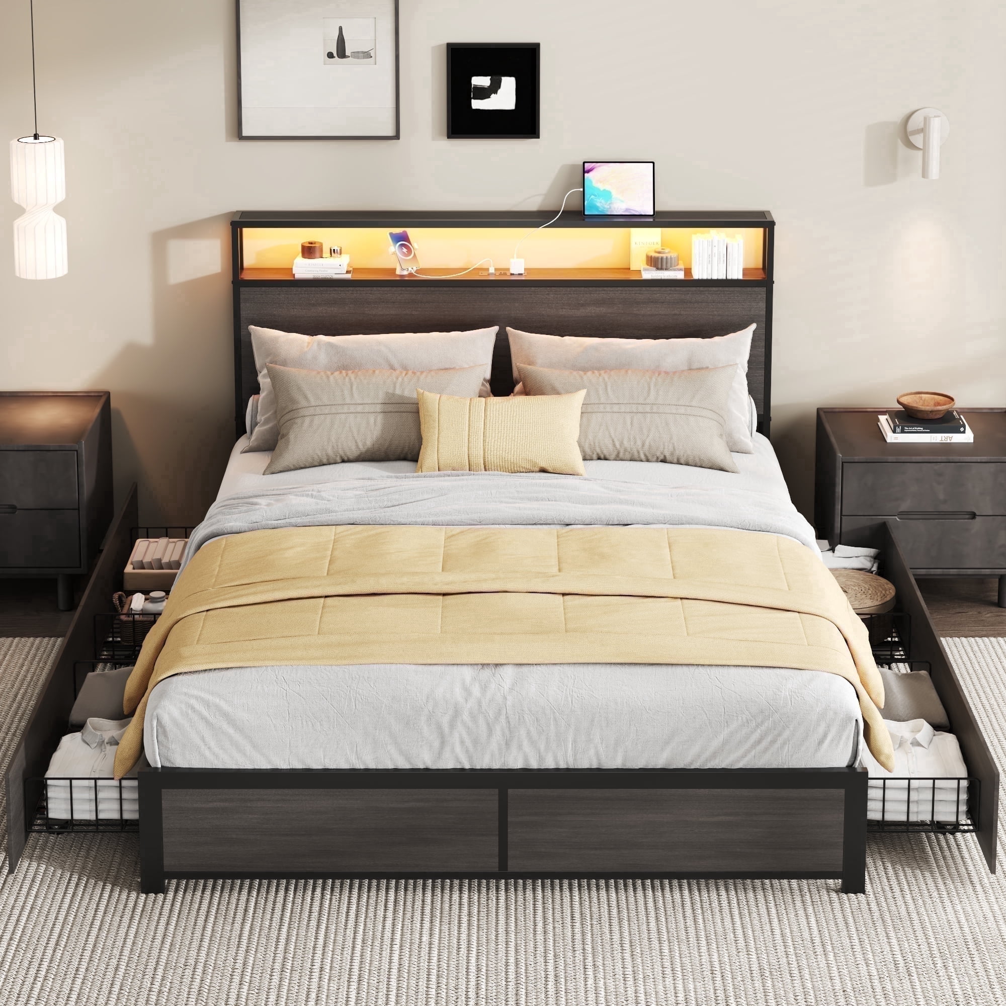 Lifezone Queen Size Bed Frame with 2-Tier Bookcase Headboard Platform Bed with Charging Station & LED, 4 Storage Drawers, Metal Support, No Box Spring Needed, Noise Free, Grey