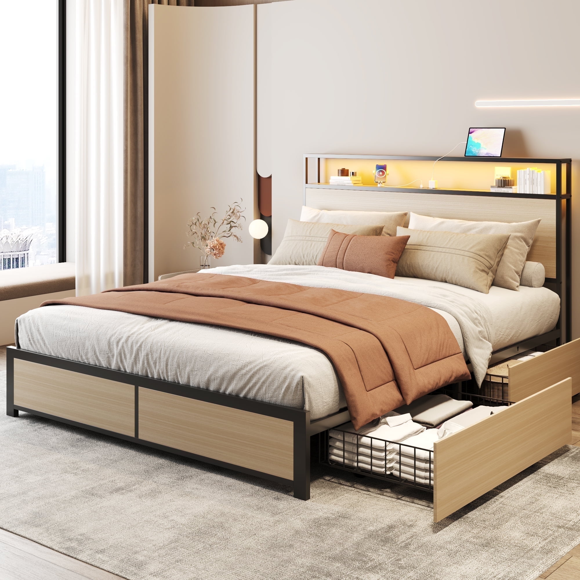 Lifezone Queen Size Bed Frame with 2 Tier Bookshelf Charging Station LED 4 Storage Drawers Metal Support Beige Walmart