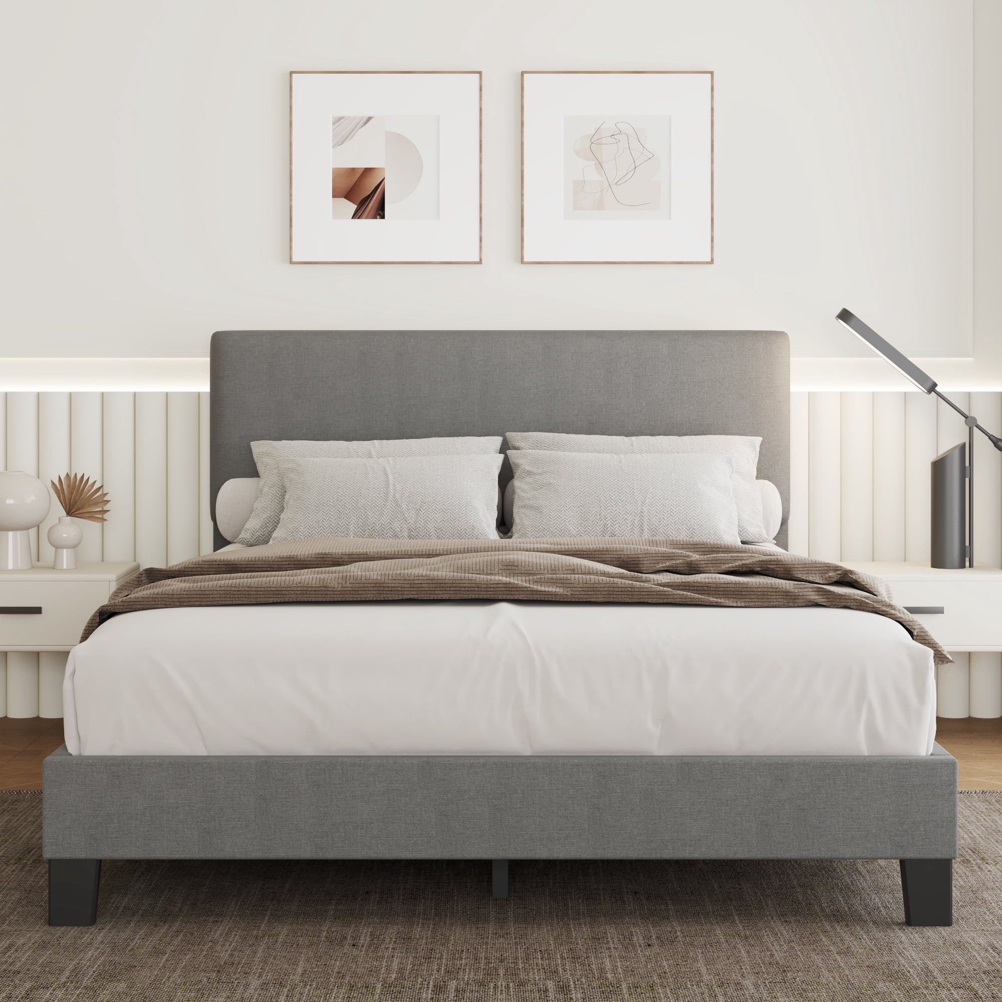 Lifezone Queen Size Light Grey Bed Frame with Adjustable Headboard