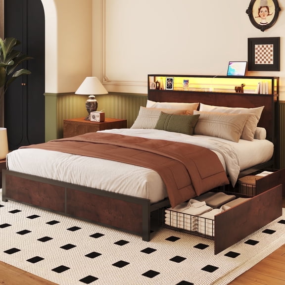 Lifezone Queen Size Lodge Medium Density Fiberboard Bookcase Bed with Charging Station, Brown