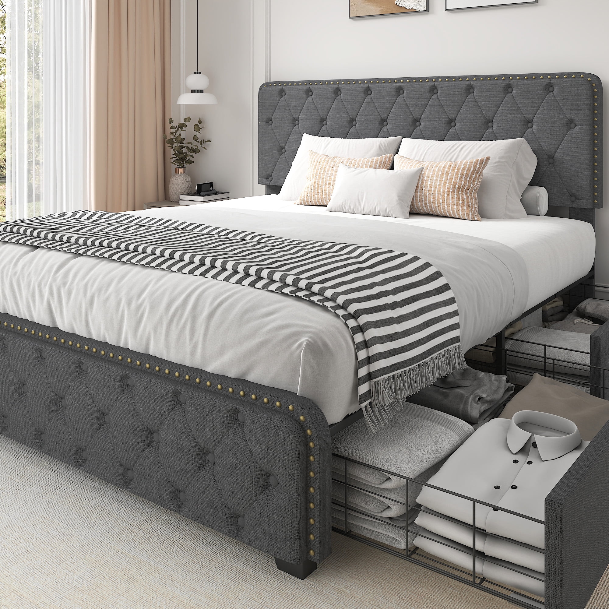 Sifurni Queen Size Bed Frame Light Grey with 4 Storage Drawers and Diamond Stitched Upholstered Headboard Walmart