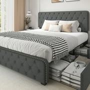 Lifezone Queen Size Platform Bed Frame with 4 Storage Drawers and Upholestered Headboard, Dark Grey