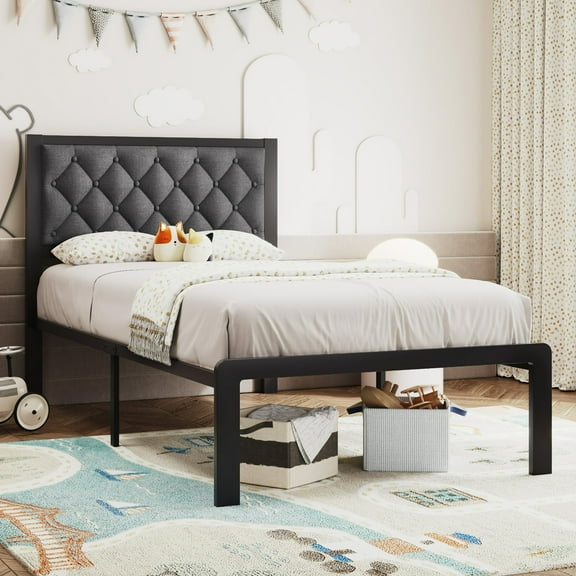 Lifezone Bed Frame with Linen Upholstered Headboard, Twin, Metal Support, No Box Spring Needed, Noise Free, Under Bed Storage, Easy Assembly, Grey