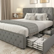 Lifezone Queen Size Platform Bed Frame with 4 Storage Drawers and Upholestered Headboard, Light Grey