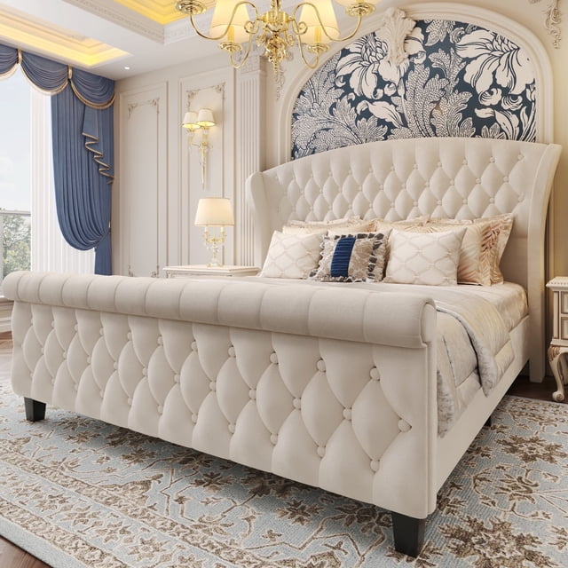 Queen Frame Lifezone Queen Upholstered Bed Frame with Wingback Headboard, 52.5 ...
