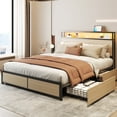 thumbnail image 1 of Lifezone Rustic Adult Queen MDF Metal Bookcase Bed with LED Light & Drawers, Beige, 1 of 7