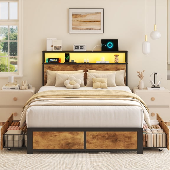 Lifezone Twin Bed Frame with 2 Storage Drawers, Platform Bed Frame with Headboard, Charging Station & LED, Metal Support, No Box Spring Needed, Noise Free, Brown