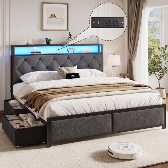 Lifezone Queen Bed Frame with Headboard, Bed Frame with 4 Storage Drawers, Charging Station & LED, Metal Support, No Box Spring Needed, Noise Free, Gray