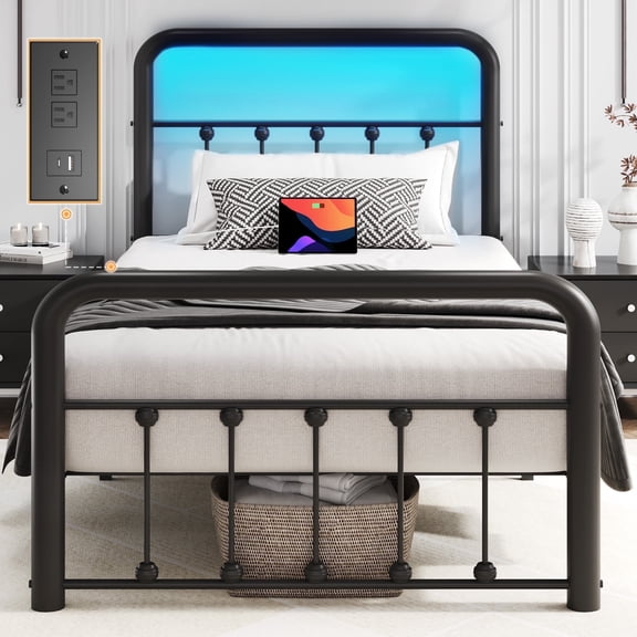 Lifezone Twin Bed Frame, Classic Metal Platform Bed Frame, with Charging Station and LED, No Need for Springs, Black