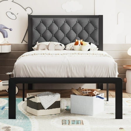 Lifezone Bed Frame with Linen Upholstered Headboard, Twin, Metal Support, No Box Spring Needed, Noise Free, Under Bed Storage, Easy Assembly, Grey