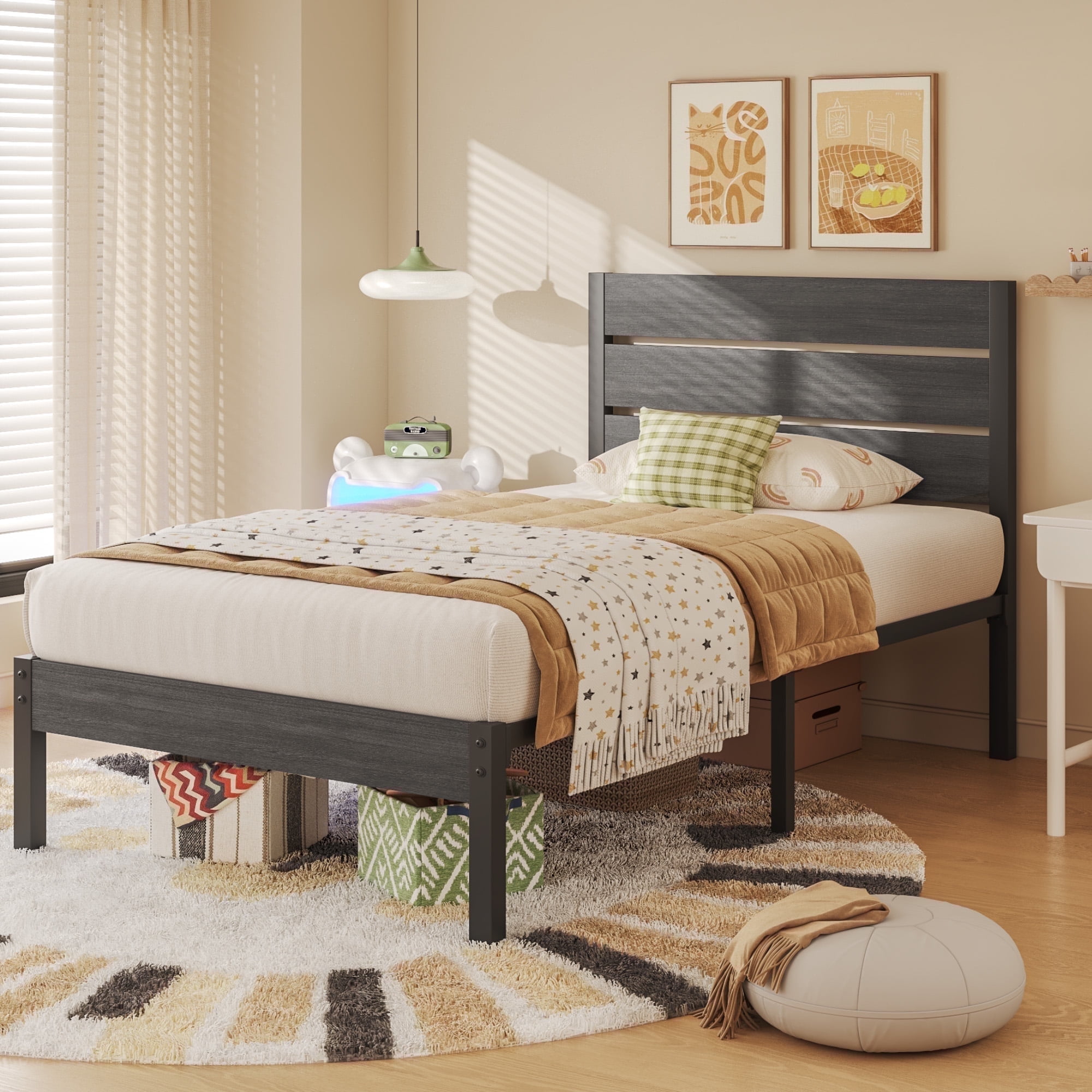Lifezone Twin Bed Frame with Rustic Vintage Wood Headboard and Footboard, Gray